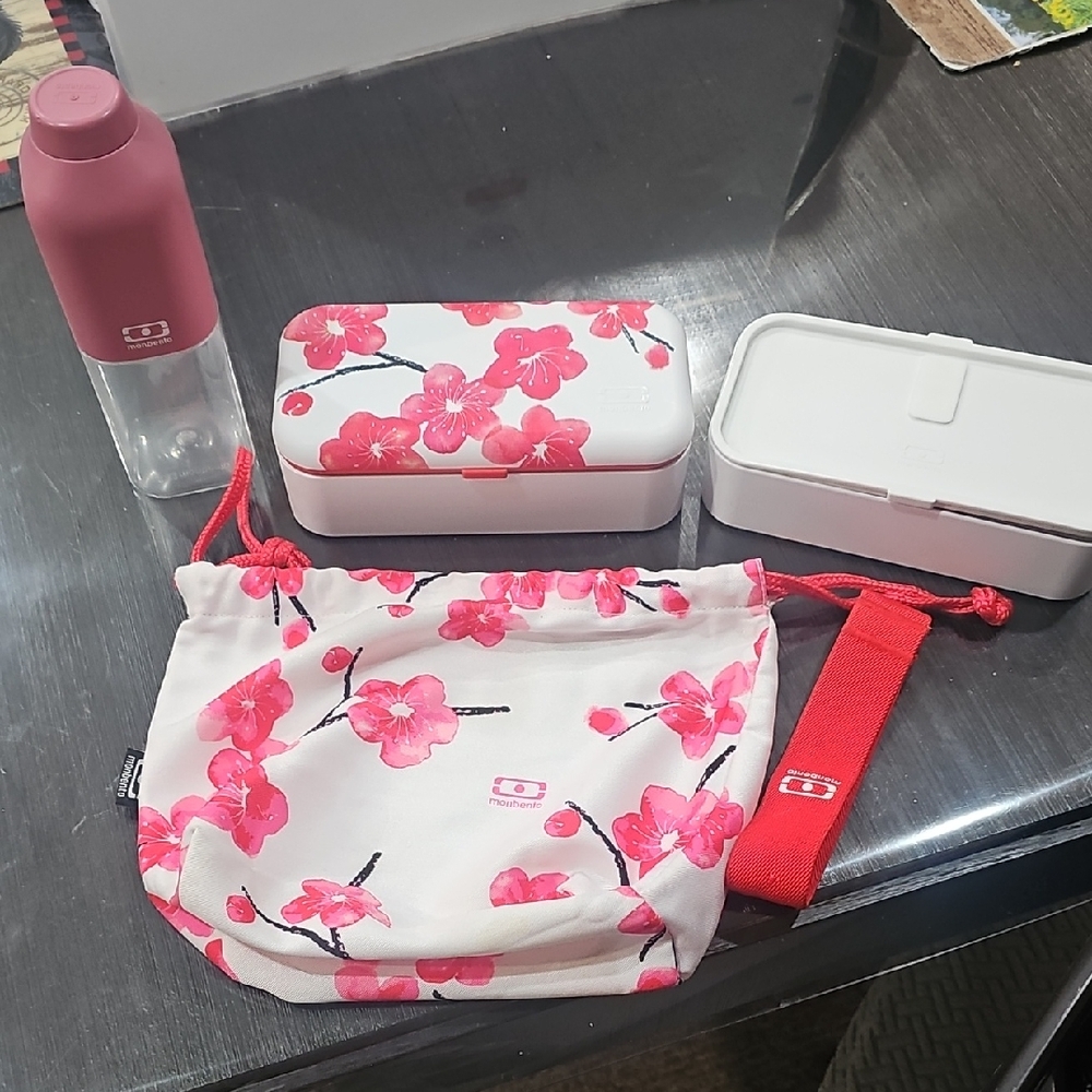 Monbento Lunch Tote Set - Pink Floral Drawstring Pouch & Accessories